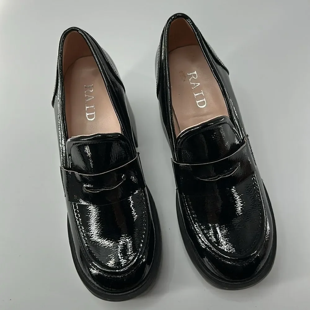 RAID Presha Platform Block Heel Loafers In Black Patent Baby Doll